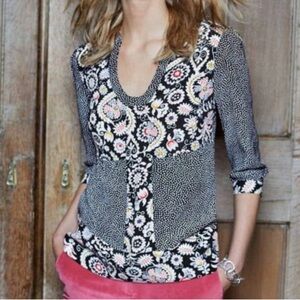 Boden Black and White Polkadot Floral Women's Blouse Size 4. Mixed Pattern Scoop